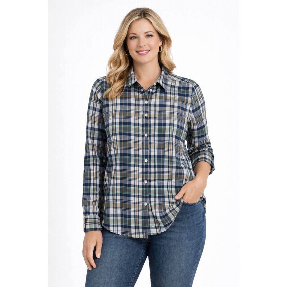Ann Mashburn Blue Plaid Button Front Shirt Preppy Office Capsole Womens Large
